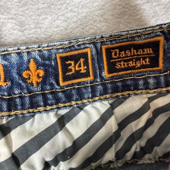 Rock Revival Deshaw Jeans Mens 34x30.5 Straight Distressed Large Stitching*Read* - Picture 4 of 8